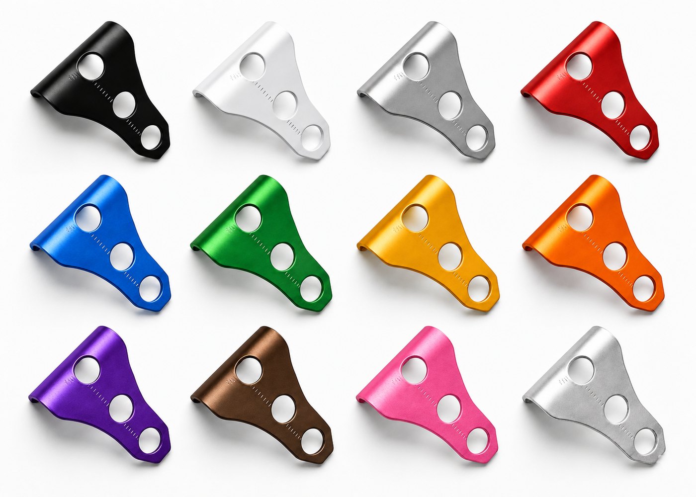 The Bracket Tree MT-09 reservoir bracket shown in all color options — raw, black, white, silver, red, blue, green, yellow, orange, purple, brown, and pink