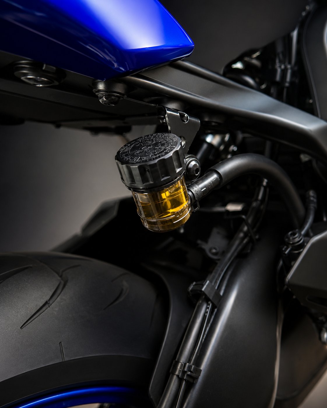Bracket Tree installed on a 2024 MT-09 holding the rear brake reservoir