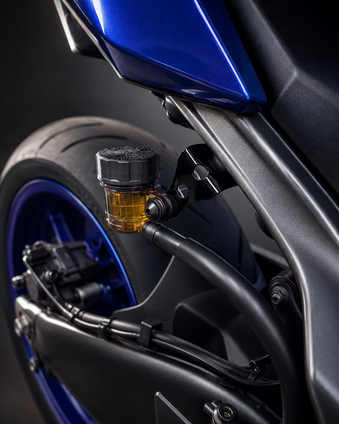 The Bracket Tree mounted on a Yamaha MT-09 next to the rear wheel