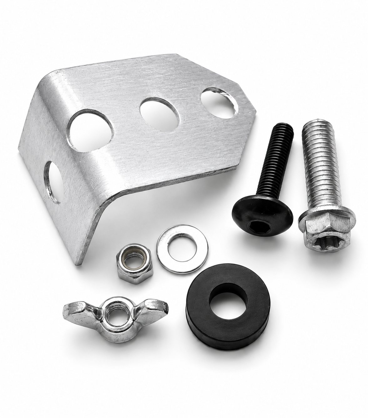 The Bracket Tree rear brake reservoir relocation bracket kit for the 2024-2026 Yamaha MT-09 — bracket, mounting hardware, spacer, wing nut, and lock nut
