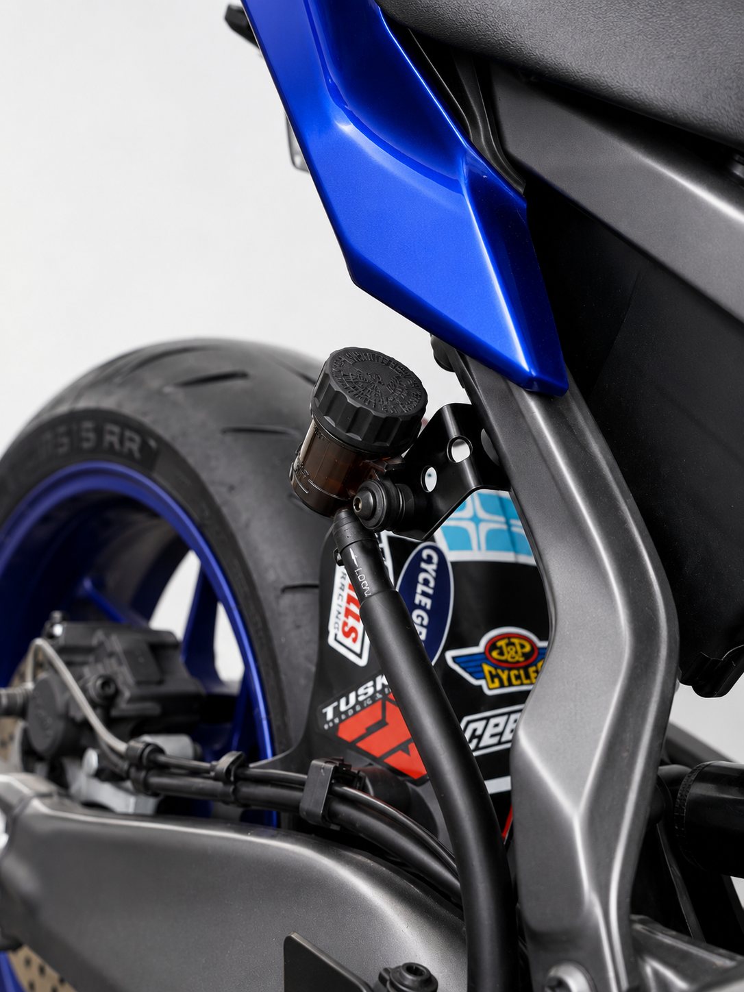 The Bracket Tree mounted on a Yamaha MT-09 next to the rear wheel